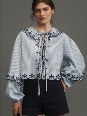 Maeve Long Sleeve Scallop Tie-Front Top